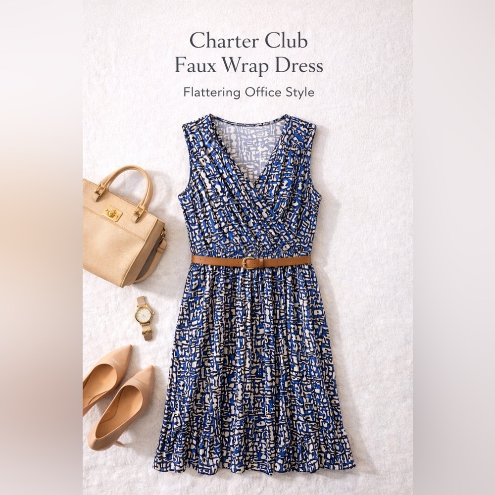 Charter Club Faux Wrap Dress L Blue White Flattering Office